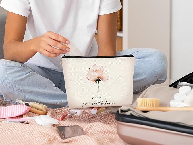 Christian Bible Scripture Great is Your Faithfulness Makeup Bag Cosmetic Pouch Zipper Travel Toiletry Bag,Watercolor Pink Flower Makeup Bag,Christian Gifts for Women Faith
