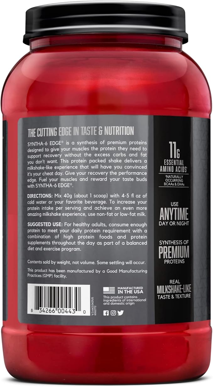 BSN SYNTHA-6 Edge Protein Powder, Chocolate Protein Powder with Hydrolyzed Whey, Micellar Casein, Milk Protein Isolate, Low Sugar, 24g Protein, Chocolate Milkshake, 28 Servings
