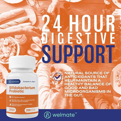 WELMATE Bifidobacterium | Probiotic Supplement | Supports Gut Health | Immune Support | Digestive Enzymes | Gluten Free | Vegan | Men & Womens Probiotic | Value Size | 200 Count
