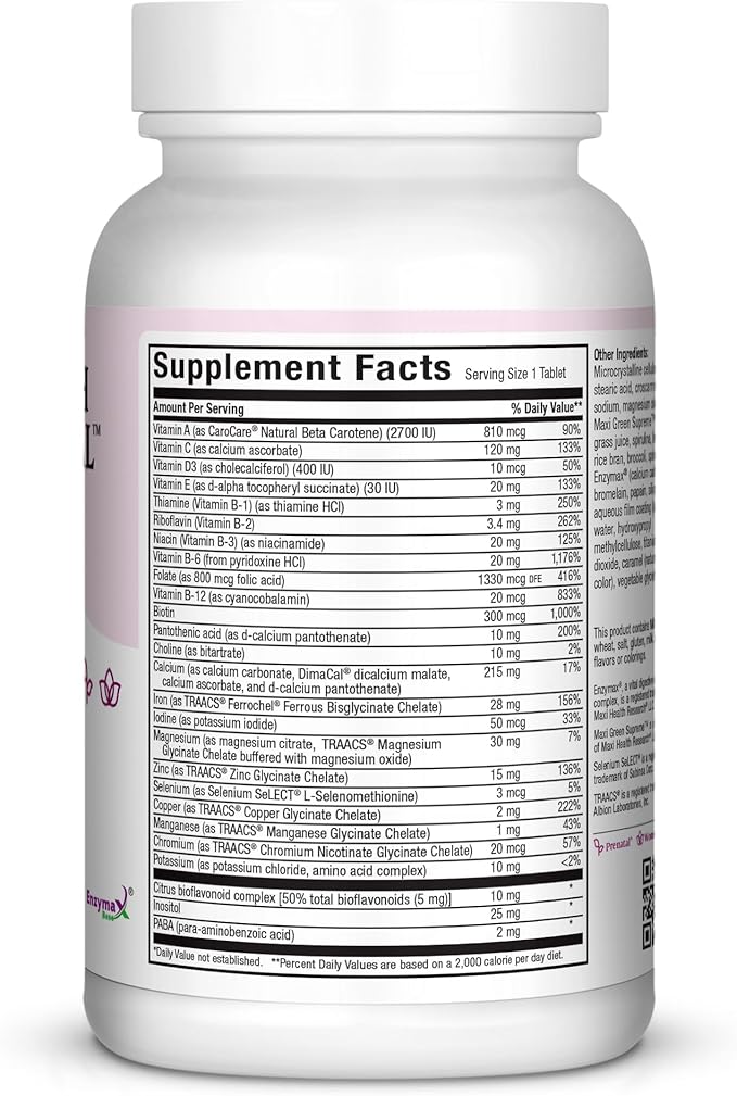 Maxi Health One Prenatal - Womens Prenatal Vitamins with Iron - Enhanced Absorption & Bioavailability - Daily Multivitamin for Women - Multi Vitamin & Mineral Supplement for Adults - 60 Capsules