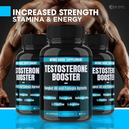 Dr. Emy's (1 Pack Testosterone Booster-Tongkat Ali Fadogia Agrestis Nitric Oxide Ashwagandha Supplement for Men with L Arginine Citrulline Fenugreek - Turkesterone Pre Workout Pump (60 Capsules)