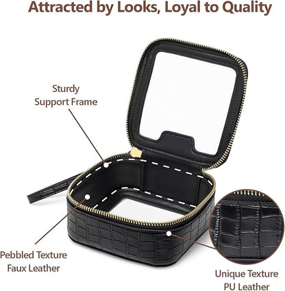 PACKISM Small Clear Makeup Bag - Crocodile Texture & Hard PU Leather Mini Makeup Bag for Purse, Cosmetic Bag Travel Bag Car Bag for Essentials for Women Gift Daily Use (Black Mini)