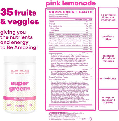 Be Amazing be Amazing Super Greens Powder with Prebiotics, Digestive Enzymes & Antioxidants | 18 Fruits & 8 Veggies | Gluten-Free Juice & Smoothie Mix | Pink Lemonade, 30 Servings, 342 g