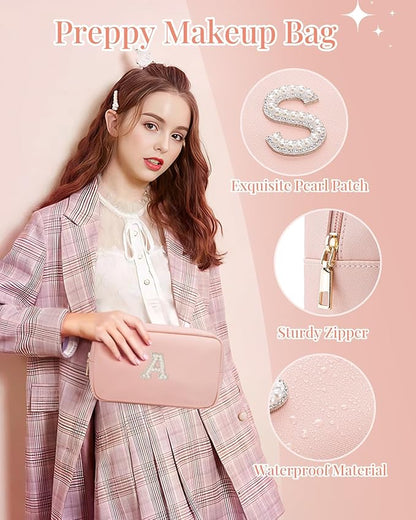 Vlando Gifts for Girls Initial Makeup Bag Personalized Makeup Bag witt Pearl Cute Travel Toiletry Bag Preppy Makeup Pouch Birthday Gift for Teen Girls Women Daughter J