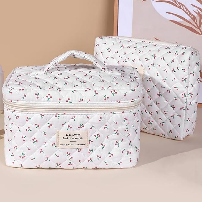 3 Pcs Quilted Makeup Bag Set,Cotton Coquette Make Up Bag,Cute Floral Makeup Bags Large Toiletry Cosmetic Bag Organizer for Women Girls (P1-3PCS)