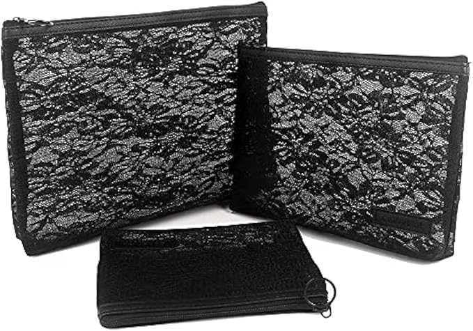 fashion portable cosmetic bag,Visible large capacity Nylon storage bag, for Business Travel bath, Unisex (black 3pcs set) (purpose made lace zippered cosmetic bag)