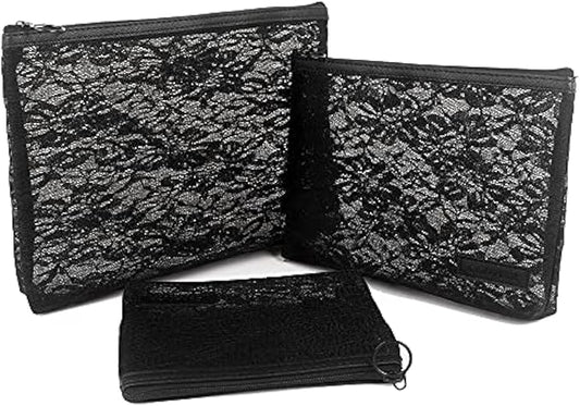 fashion portable cosmetic bag,Visible large capacity Nylon storage bag, for Business Travel bath, Unisex (black 3pcs set) (purpose made lace zippered cosmetic bag)