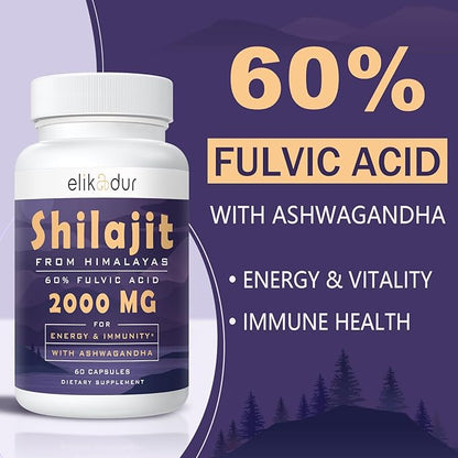 2000 MG Shilajit Supplement, Shilajit Resin Organic, Shilajit Capsules, 100% Pure Shilajit with 85+ Trace Minerals & 60% Fulvic Acid, Boost Energy & Immunity, Vegetarian, Natural, 120 Capsules