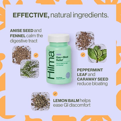 Hilma Natural Gas & Bloating Relief for Women – Doctor Formulated with Organic Ingredients – Lemon Balm, Fennel & Peppermint Leaf – 50 Vegan Capsules