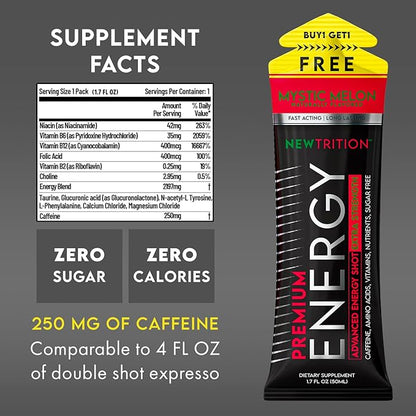 Extra Strength Energy Shots, Caffeine Energy Shots with Vitamin B & Amino Acids, Sugar-Free Vitamin Energy Shot Packets, 1.7 fl oz, Mixed Flavors, 24 Count