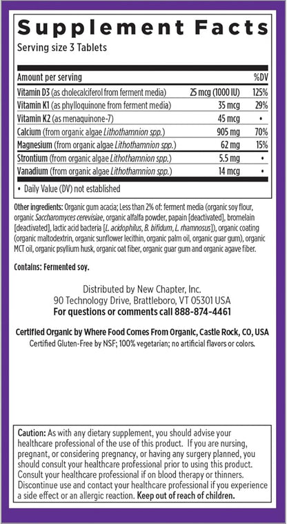 New Chapter Calcium Supplement - Bone Strength Organic Calcium with Magnesium, Vitamin D3+K2, 70+ Trace Minerals for Bone Health, Gluten Free, Easy to Swallow Slim Calcium Tablets - 60 Count