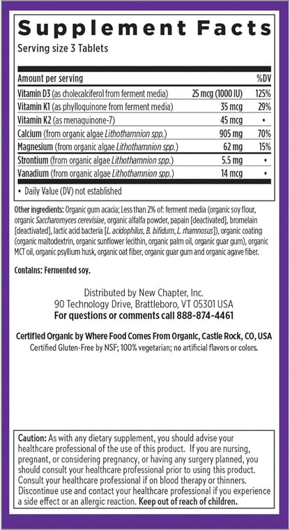 New Chapter Calcium Supplement - Bone Strength Organic Calcium with Magnesium, Vitamin D3+K2, 70+ Trace Minerals for Bone Health, Gluten Free, Easy to Swallow Slim Calcium Tablets - 120 Count