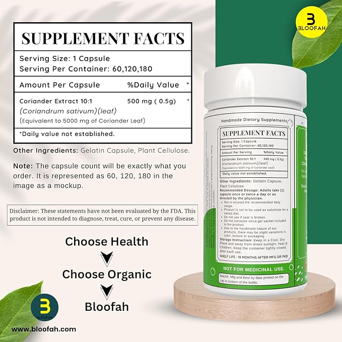 Coriander Leaf Capsules 500mg - 120 Count | 100% Pure Coriander Extract 10:1 (Coriandrum sativum) Leaf Powder Supplement | Natural Body Cleansing & Detox | Non-GMO, Gluten Free Formula