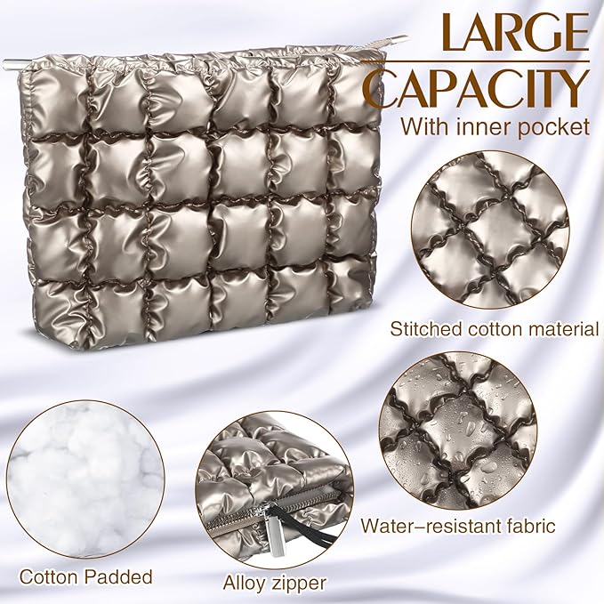 Hillban Puffy Quilted Makeup Bag Quilted Cosmetic Bag Cute Puffer Toiletry Checkered Pouch Aesthetic Travel Makeup Brushes Organizer(Champaign Gold,Classic)