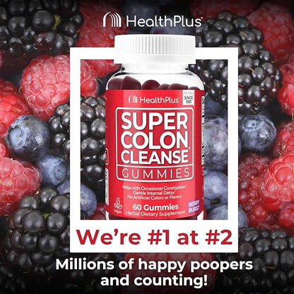Health Plus Super Colon Cleanse Gummies, Natural Senna Leaf Extract, Gentle, Overnight Relief from Occasional Constipation, Dietary Supplement, Mixed Berry Flavor, 60 Count