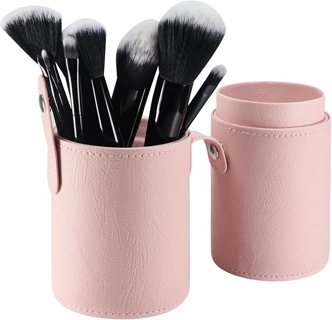 Portable Makeup Brush Case,Pu Leather Makeup Brush Holder with Button,Travel Cup Storage Dustproof Makeup Cosmetic Bags for Women (Pink)
