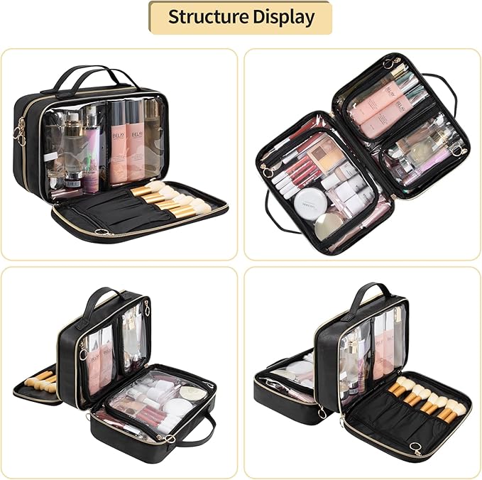 OCHEAL Makeup Bag Organizer, Double Layer Cosmetic Bag, Large Capacity Travel Toiletry Bag for Women Beauty Essentials, Multiple Compartments Makeup Case Organizer Zipper Pouch - Black