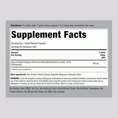 Piping Rock Pygeum Supplement 100mg | 240 Count | Standardized Extract | Non-GMO, Gluten Free