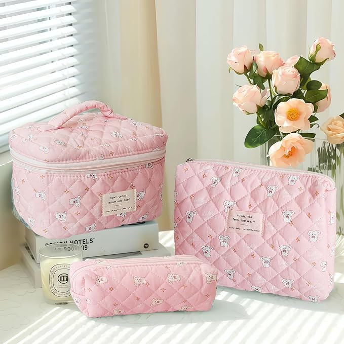 Quilted Makeup Bag, Large Capacity Travel Cosmetic Bag for Women and Girls, Aesthetic Storage for Daily and Travel Use (3pcs-RabbitAnimalPrint)
