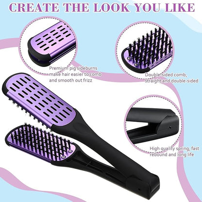 Chengu 2 Pcs Boar Bristles Double Sided Brush and Flat Iron Comb for Hair Straightening and Styling Knotty Unkempt Hair (Black, Purple)