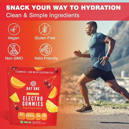 Day One Electrogummies Fruit Punch - Electrolyte Gummies for Runner, Athlete & Everyday Use - Hydration Gummies with Essential Electrolytes - Alternative to Powders, Tablets, Chews - 60 Gummies