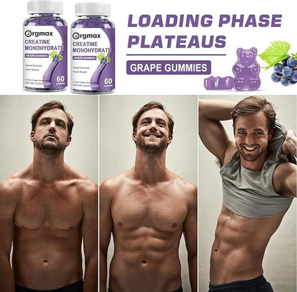Creatine Monohydrate Gummies, Delicious Grape Flavored for Men & Women, Enhanced with Collagen & BCAA, Easy-to-Swallow Chews for Muscle Strength, Energy Boost, Pre-Workout Supplement(2 Pack)
