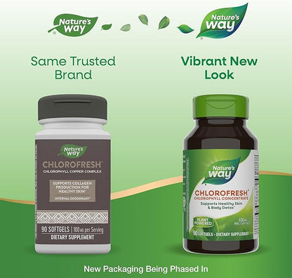 Nature’s Way Chlorofresh Chlorophyll Concentrate, Supports Detox Pathways*, Chlorophyllin Copper Complex, Supports Healthy Skin*, Internal Deodorant*, 90 Softgels (Packaging May Vary)