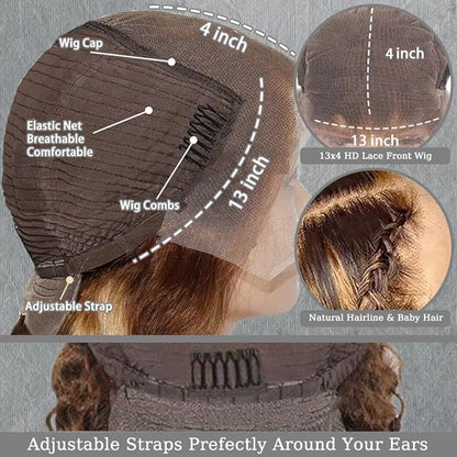 28inch Highlight Curly Lace Front Wigs Human Hair Balayage Brown Highlight 13X4 Deep Wave Wigs Human Hair Ombre Curly Wig #4/27 Colored Wigs for Women 180% Density