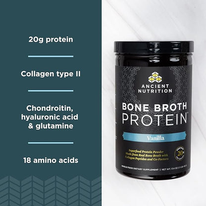 Ancient Nutrition Protein Powder Made from Real Bone Broth, Vanilla, 20g Protein Per Serving, 40 Serving Tub, Gluten Free Hydrolyzed Collagen Peptides Supplement, Great in Protein Shakes