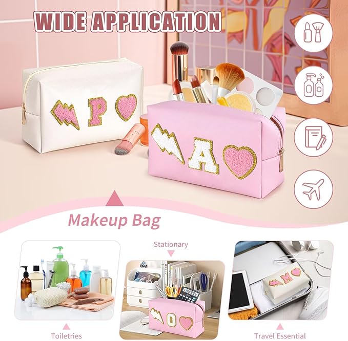 TOPEAST Makeup Bag for Women Girls, Preppy Small Makeup Bag, PU Leather Waterproof Toiletry Bag, Unique Friendship Gifts for Friends, Pink Stuff for Girls, White R