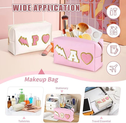 TOPEAST Preppy Makeup Bag for Women, Personalized with Initial, Chenille Letter, PU Leather, 8.3x5.1x3.5 in, Pink