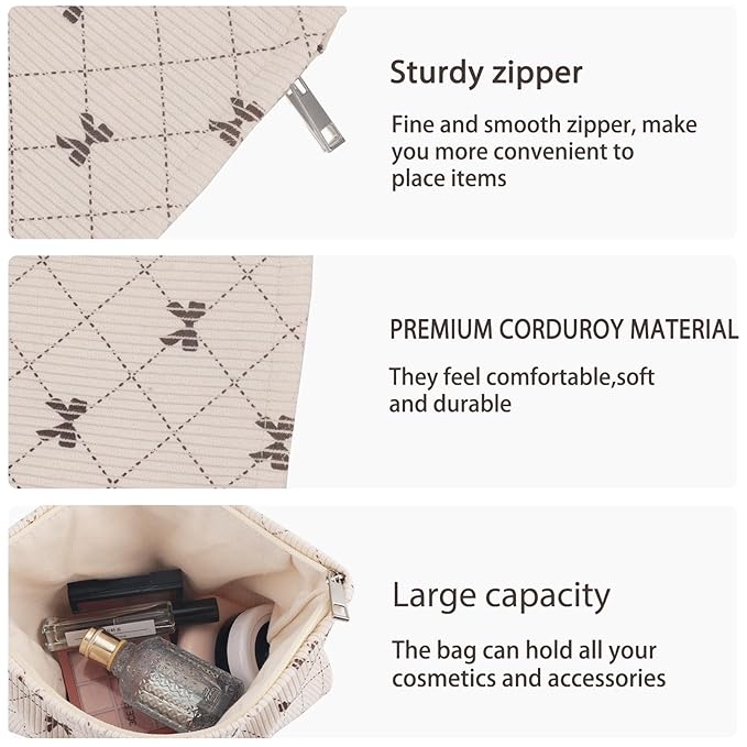 ZLFSRQ Corduroy Makeup Bag for Women Preppy Large Capacity Cosmetic Bags Travel Toiletry Organizer Pouch for Purse Zipper Makeup Brushes Storage Tote Bag Cute Y2K Aesthetic Essential Bags（Khaki Bow）