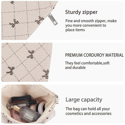 ZLFSRQ Corduroy Makeup Bag for Women Preppy Large Capacity Cosmetic Bags Travel Toiletry Organizer Pouch for Purse Zipper Makeup Brushes Storage Tote Bag Cute Y2K Aesthetic Essential Bags（Khaki Bow）