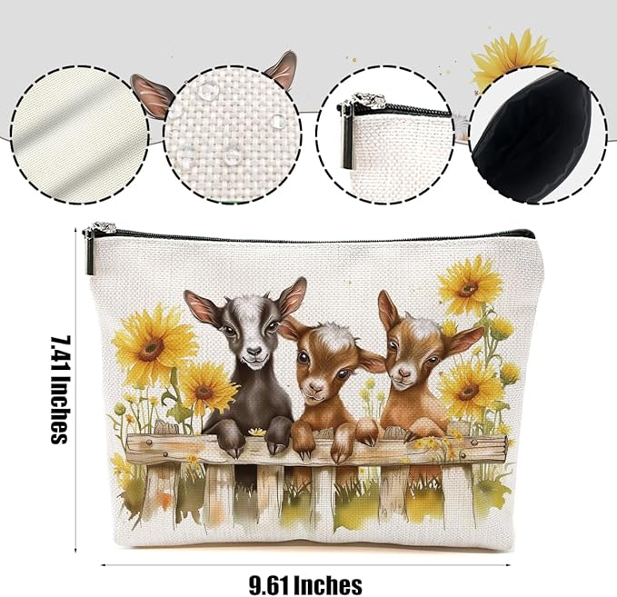 Goat Gifts for Goat Lovers Makeup Bag Cute Sunflower Goat Cosmetic Bag Animal Lover Gifts for Women Girls Friend Daughter Travel Organizer Zipper Pouch Graduation Birthday Friendship Gifts