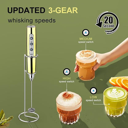 YUSWKO Champagne Gold Handheld Milk Frother Wand with Stand for Coffee, Rechargeable Electric Whisk with 3 Heads 3 Speeds Drink Mixer Coffee Frother For Latte, Cappuccino, Hot Chocolate, Egg
