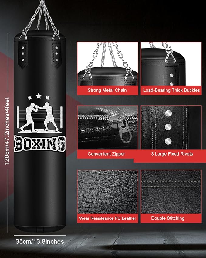 Punching Bag for Adults, 4FT PU Heavy Boxing Bags with Chain Ceiling Hook, Hanging Boxing Bag for Kickboxing Muay Thai Karate Judo Taekwondo Home Gym Training, Unfilled