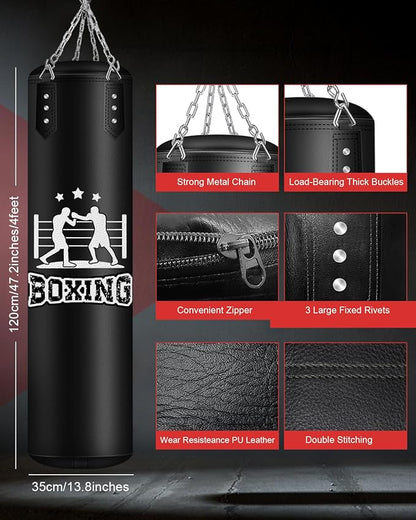 Punching Bag for Adults, 4FT PU Heavy Boxing Bags with Chain Ceiling Hook, Hanging Boxing Bag for Kickboxing Muay Thai Karate Judo Taekwondo Home Gym Training, Unfilled
