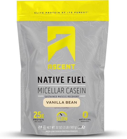 Ascent Casein Protein Powder - 25g Micellar Casein Powder with Zero Artificial Flavors & Sweeteners, Gluten-Free, No Added Sugar, 4.9g BCAA, 2.2g Leucine - Vanilla Bean, 2 Pounds