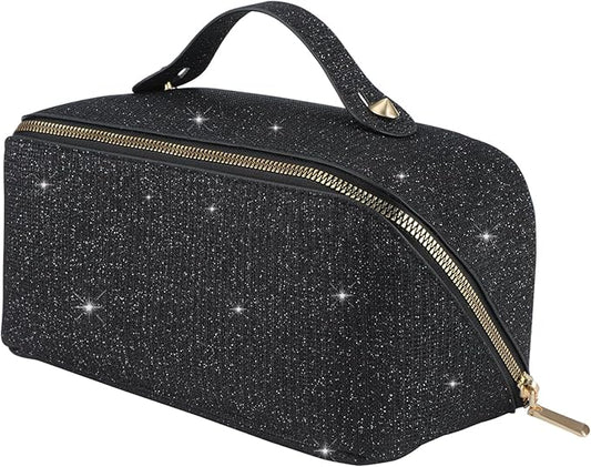 KEYPOWER Large Capacity Glitter Sequin Cosmetic Bag Travel Makeup Bag Sparkly and Shiny Portable Toiletry Bag with Handle for Women (Black)