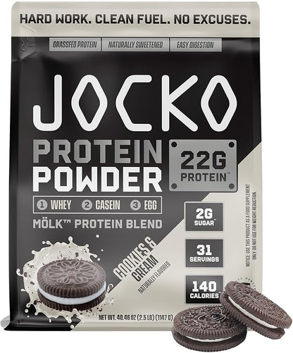 Jocko Mölk Whey Protein Powder - Keto, Probiotics, Grass Fed, Digestive Enzymes, Amino Acids, Sugar Free Monk Fruit Blend - Supports Muscle Recovery & Growth (2 LB, Cookies & Cream)