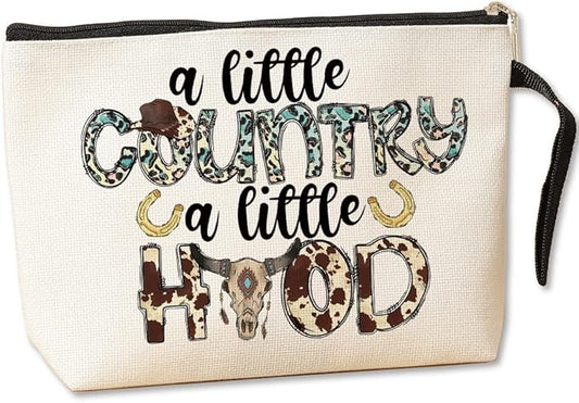 Jztco Country Music Country Girl Gifts Makeup Bag Cowgirl Gift for Women Girls Handbag Friendship Christmas Birthday Gifts for Women Her Daughter Girls - A Little Country A Little Hood