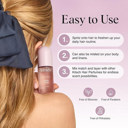 Kitsch Sheer Violet Hair Perfume For Women - Clean, Deodorizing, and Patented Odor-Eliminating Technology, Body Mist - Freshen Hair, Body & Pillows - Fruity Raspberry, Violet & Soft Musk Scent - 50ml