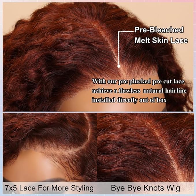 FABA Reddish Brown glueless wigs human hair pre plucked pre cut Deep Wave 7x5 Wear And Go Closure Wigs Reddish Brown Curly Wig Human Hair 180% Density Auburn Wig for Women 12 Inch
