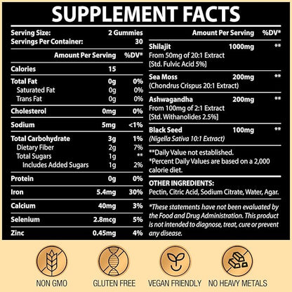 1500MG Shilajit Gummies for Men & Women, Shilajit Pure Himalayan Organic, with Ashwagandha, Sea Moss, Black Seed, Rich in Fulvic Acid, 85+ Trace Minerals, Authentic Flavor, 100% Natural, 60 Gummies