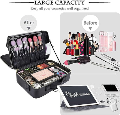 JOURMON Travel Makeup Case 3 Layers Portable Makeup Train Case Cosmetic Bag Organizer Storage for Women with Adjustable Dividers and Shoulder Strap for Toiletry Travel Accessories(Black, L)
