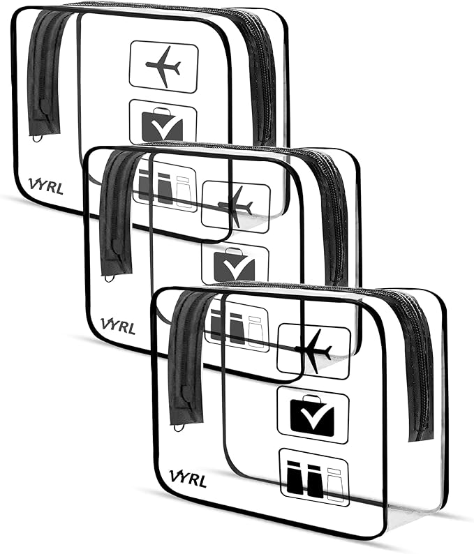 VYRL 3 Pack Clear Makeup Bag - Quart Size 3-1-1 TSA Approved Toiletry Bag with Zipper - Water-Resistant Durable PVC Clear Toiletry Bag for Carry-on Airport Travel Accessories - Black