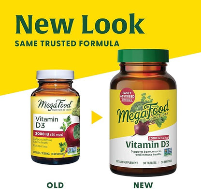 MegaFood Vitamin D3 2000 IU (50 mcg) - Vitamin D Supplements with Real Food, Immune Support, Supports Bones, Teeth & Muscles, Vegetarian, Certified Non-GMO, Kosher – 60 Tablets, 60 Servings