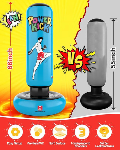 QPAU Kids Punching Bag Toy with Boxing Gloves, 66 Inch Larger Stable Kids Inflatable Boxing Bag Set, Gifts for Boys & Girls Age 6-12, for Practicing Karate, Taekwondo, MMA
