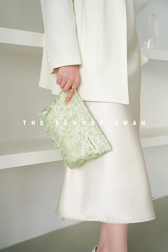The Summer Swan | Floral Cosmetic Bag｜Large Aesthetic Travel Makeup Bag | Personal Item Bag | Preppy Makeup Pouch | Skincare Bag (Embroidery Green)
