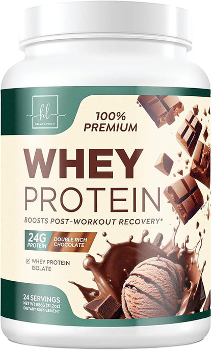 Whey Protein Powder, Rich Double Chocolate Whey Isolate with 24g Protein & BCAAs - Support Muscle Growth, Recovery & Fitness - Gluten Free, Fast Absorbing, Easy Digesting for Women & Men - 24 Servings